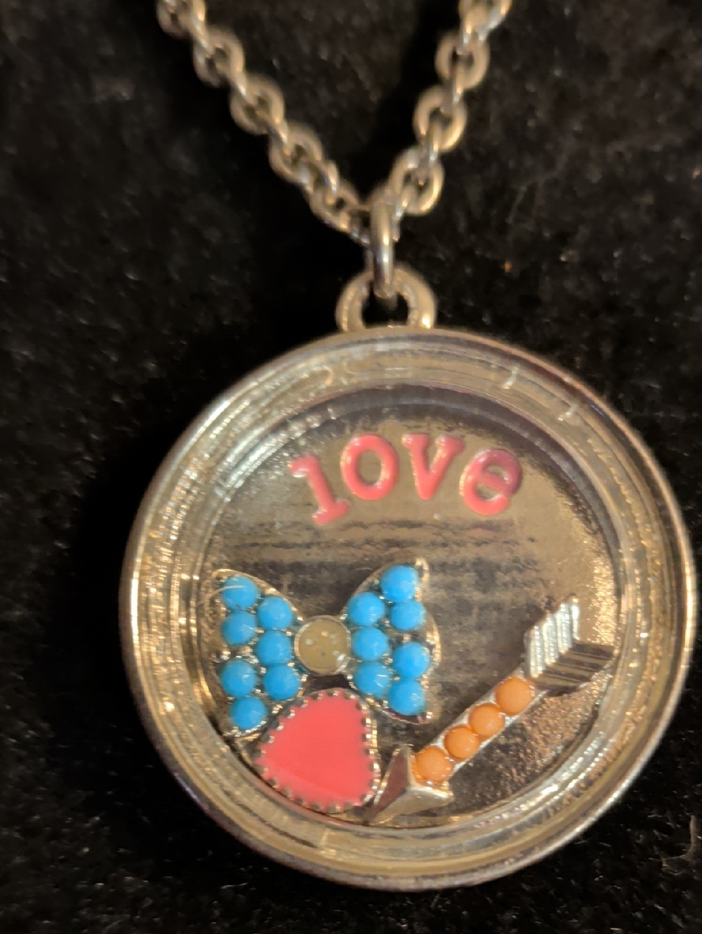 Silver Love Locket‎ Pendant Necklace with Pink Heart and Turquoise Bow